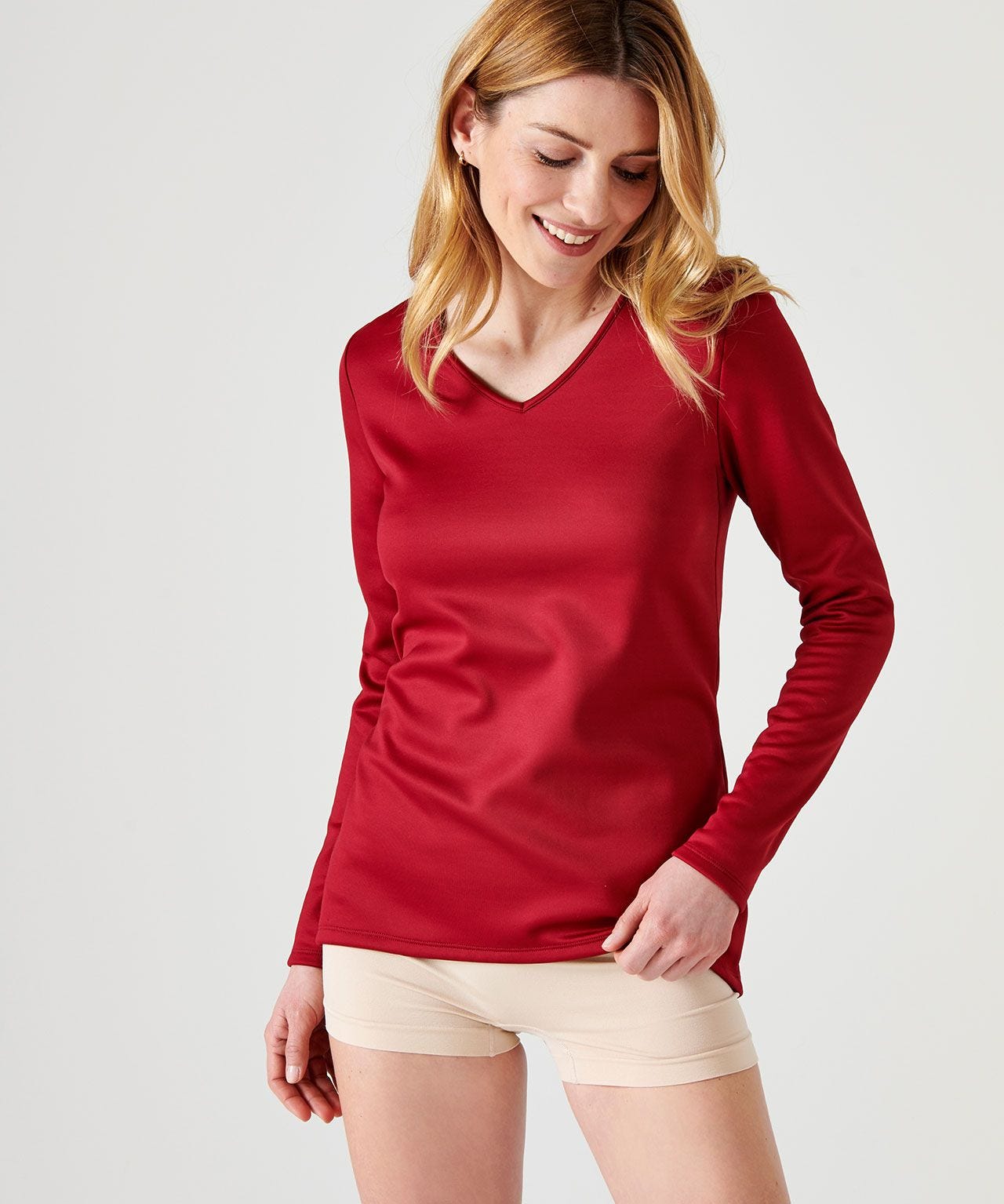 T-shirt Manches Longues Femme Maille Côtelée Avec Détail Torsadé - Col En V, Ajusté, élégant - Pour Automne Et Hiver