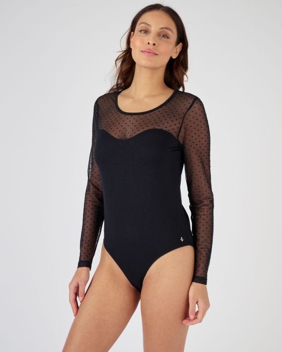 Body manches longues en plumetis noir femme