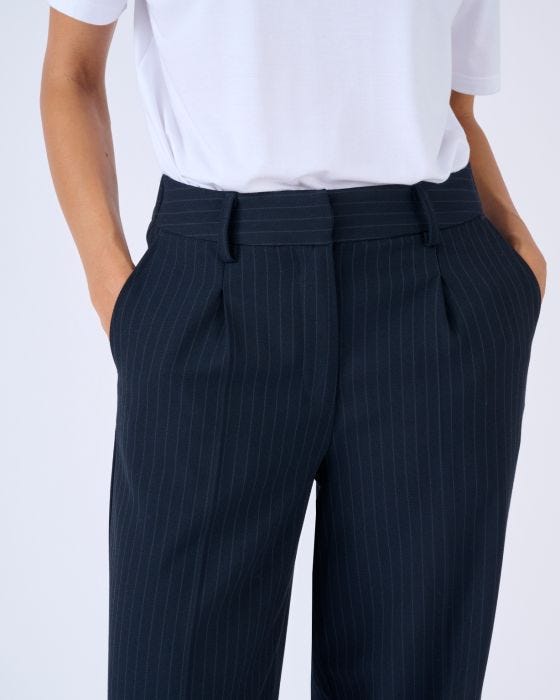 Pantalon Large Fluide DDP Taille Haute - Noir à Rayures Fines Bleu Marine - Taille 29, Neuf Avec étiquettes