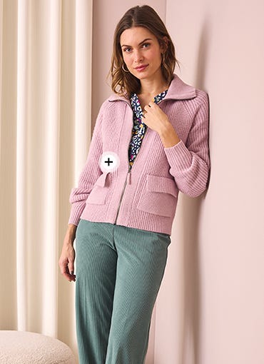 gilet zippé rose Thermolactyl pantalon velours coloris eucalyptus